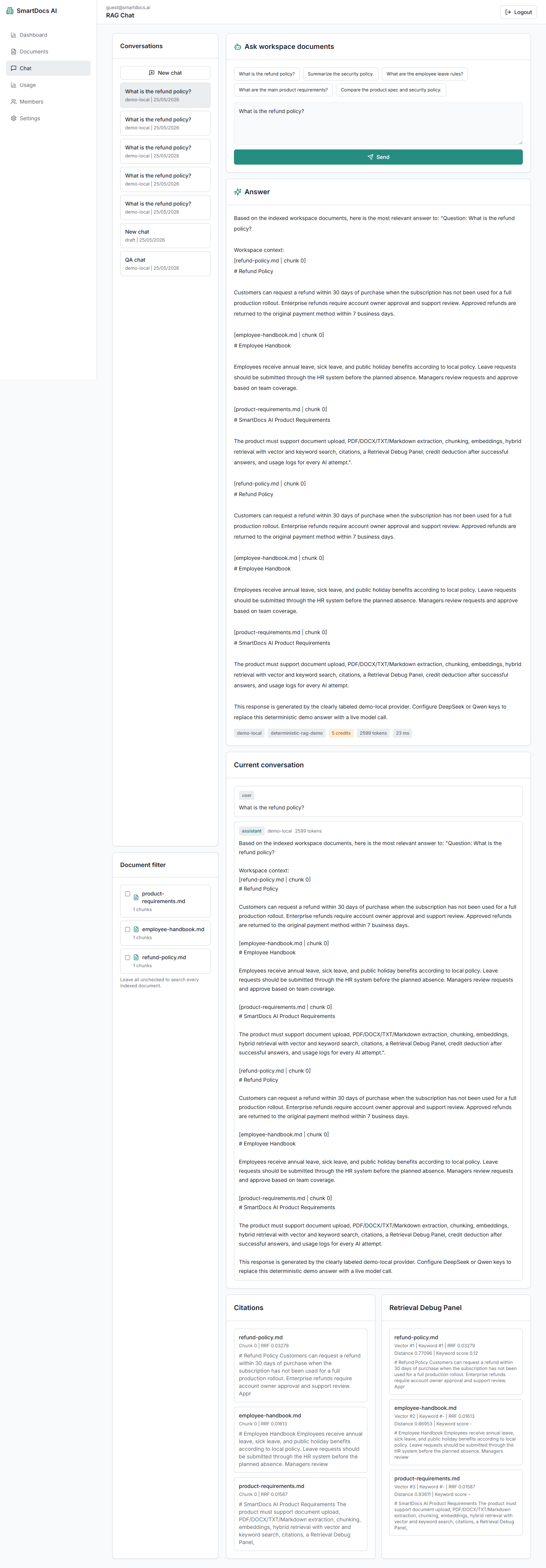 SmartDocs AI cited RAG chat screenshot